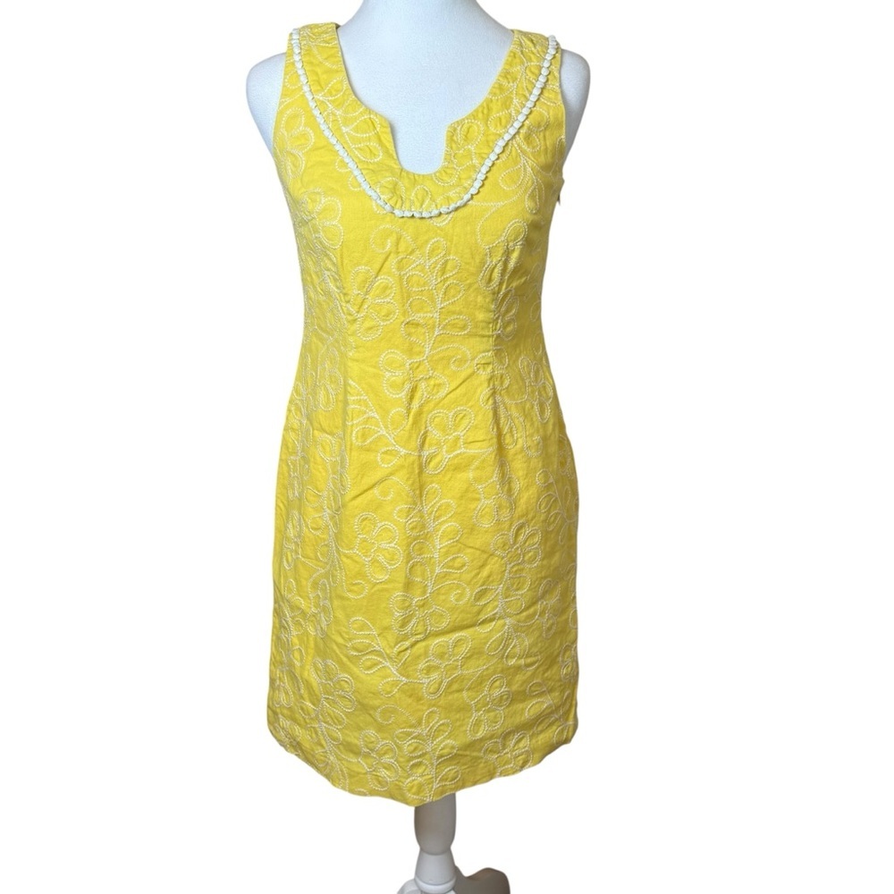 Chadwick’s Butter Yellow Linen Embroidered Shift Summer‎ Classic Dress 2P Beach